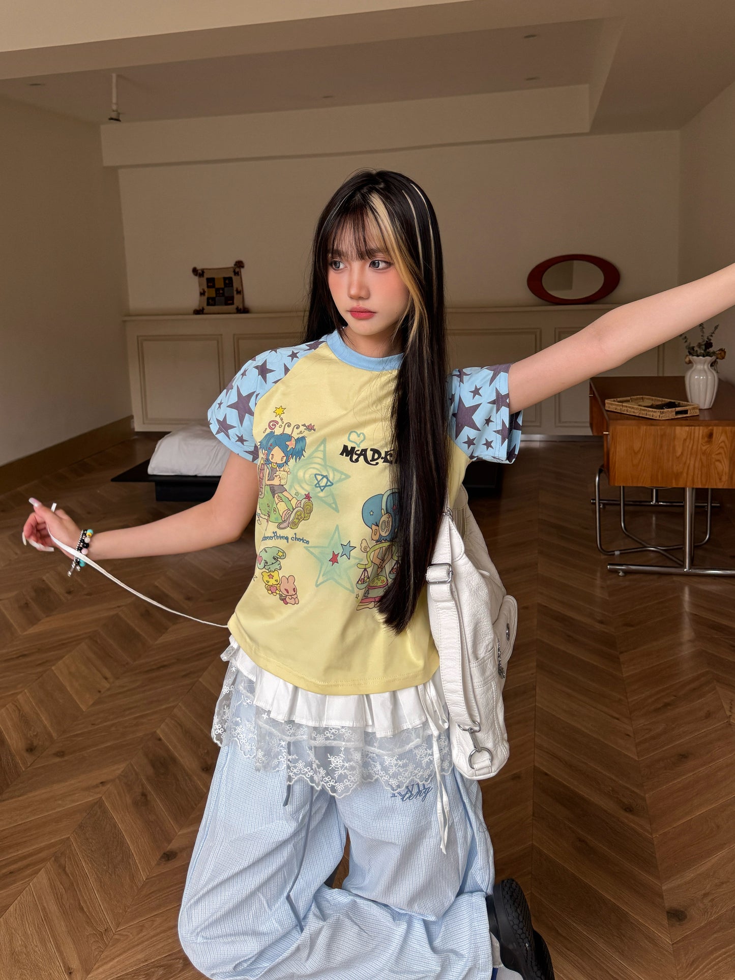 Y2K Cartoon Star Print Colorblock T-Shirt