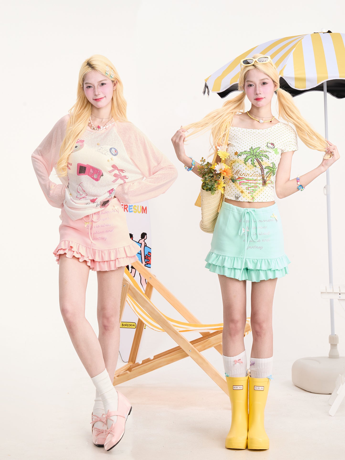 Y2K Rhinestone Ruffle Trim Lace-Up Skirt Shorts