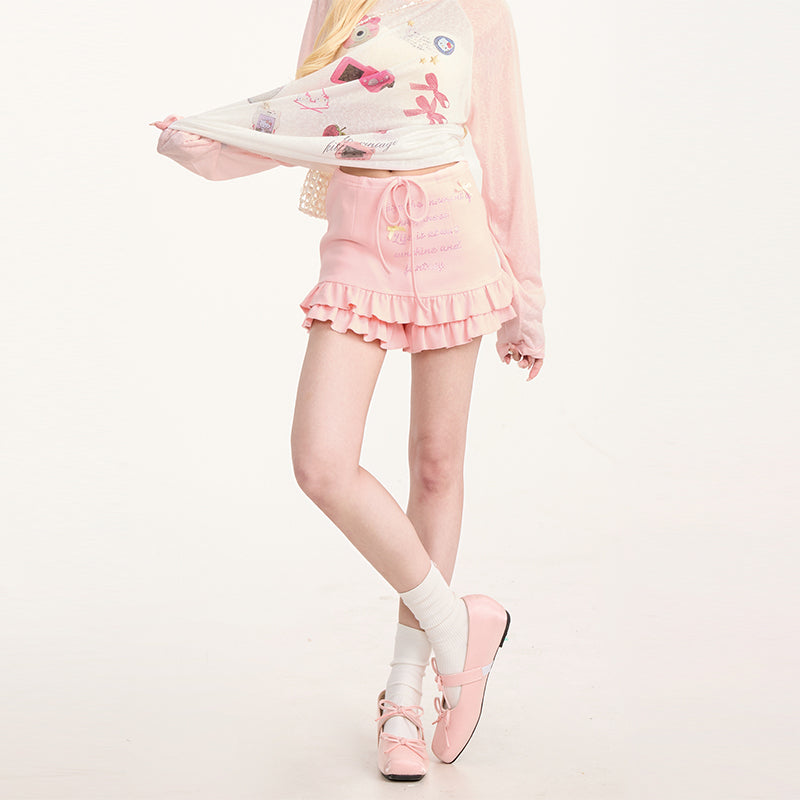 Y2K Rhinestone Ruffle Trim Lace-Up Skirt Shorts