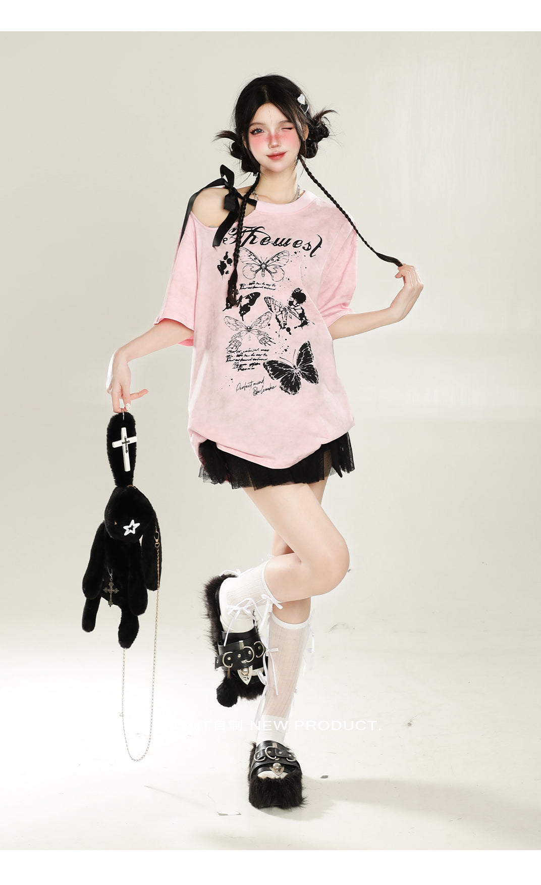 Y2K Off-Shoulder Butterfly Print Tee