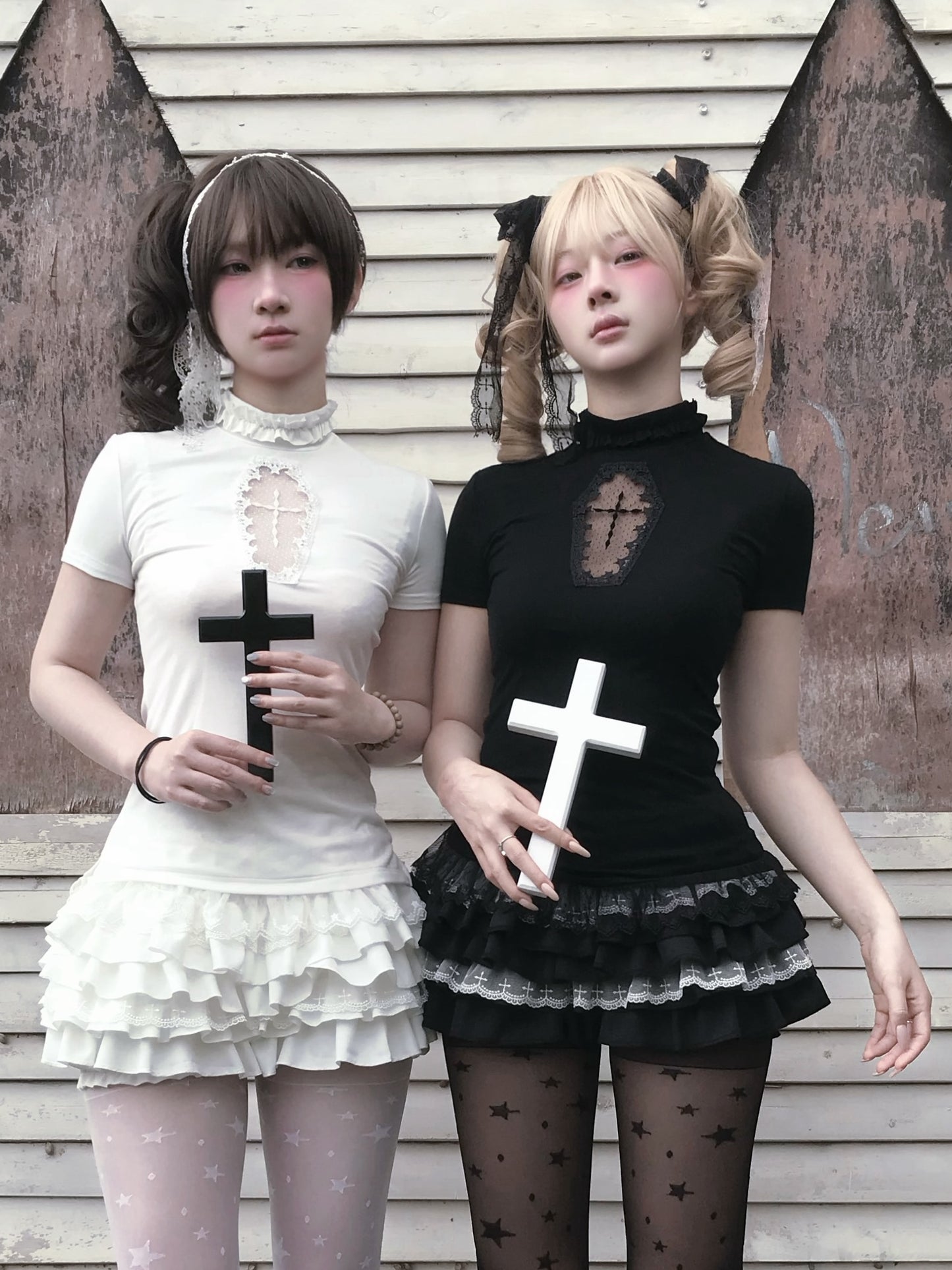 Gothic Hollow Cross Top / Ruffle Layered Skirt
