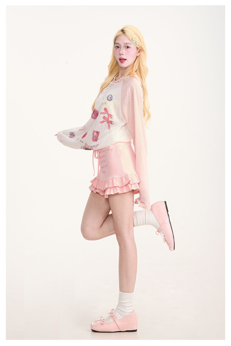 Y2K Rhinestone Ruffle Trim Lace-Up Skirt Shorts