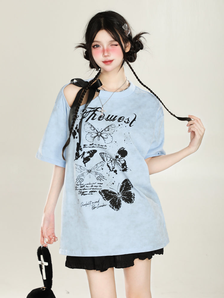 Y2K Off-Shoulder Butterfly Print Tee