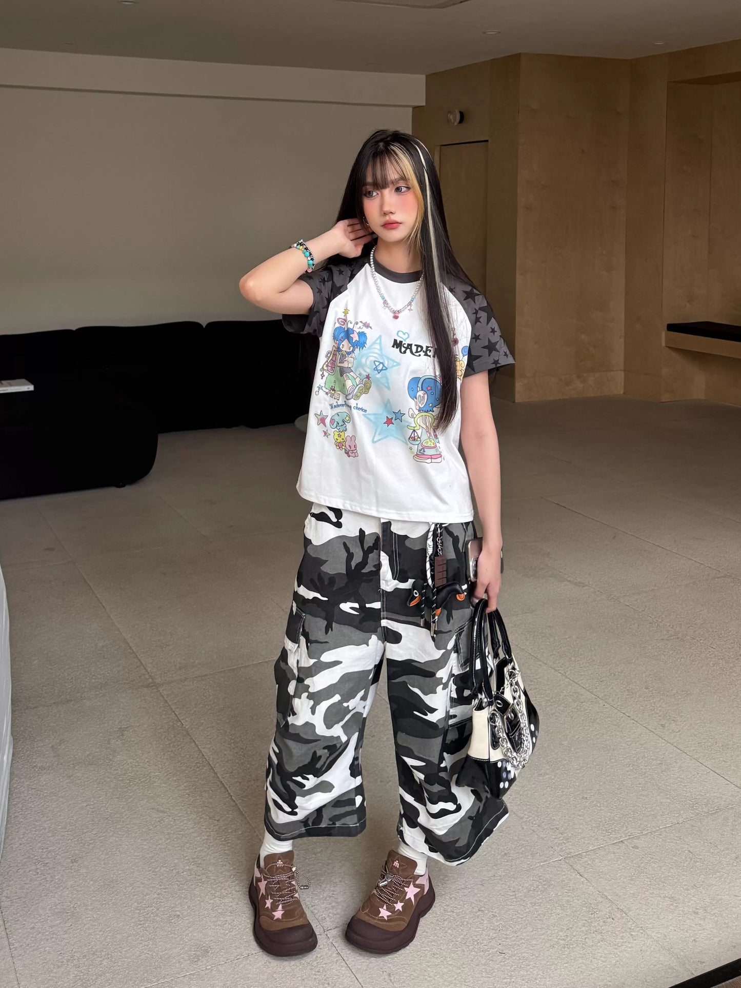 Y2K Cartoon Star Print Colorblock T-Shirt