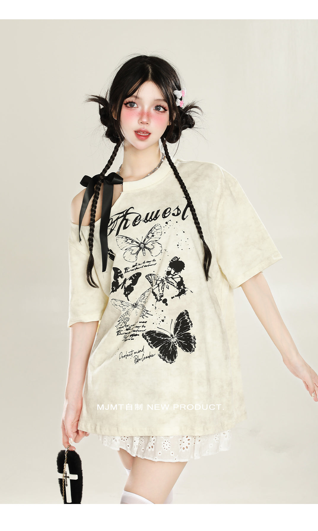 Y2K Off-Shoulder Butterfly Print Tee