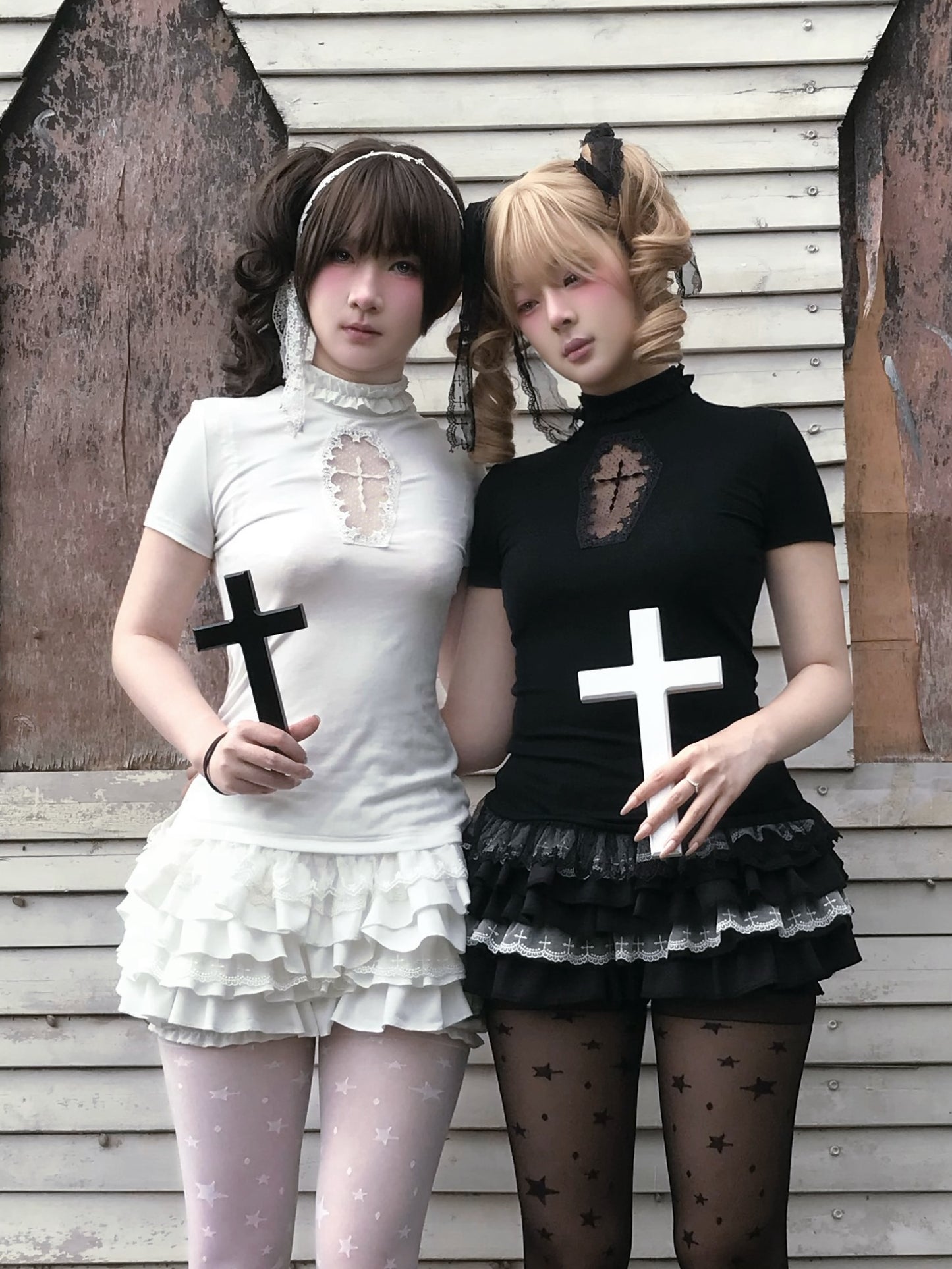 Gothic Hollow Cross Top / Ruffle Layered Skirt