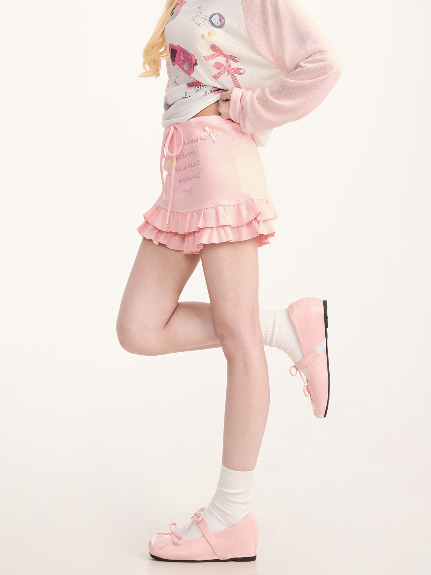 Y2K Rhinestone Ruffle Trim Lace-Up Skirt Shorts