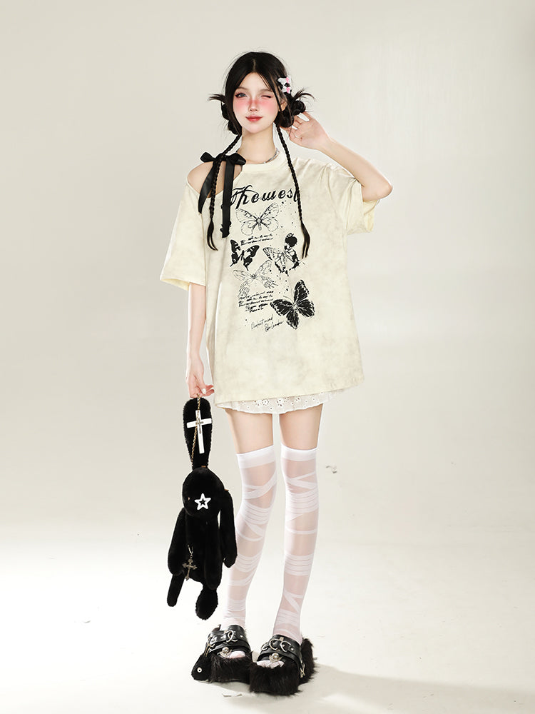 Y2K Off-Shoulder Butterfly Print Tee