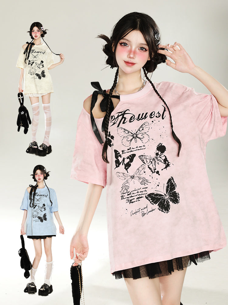 Y2K Off-Shoulder Butterfly Print Tee