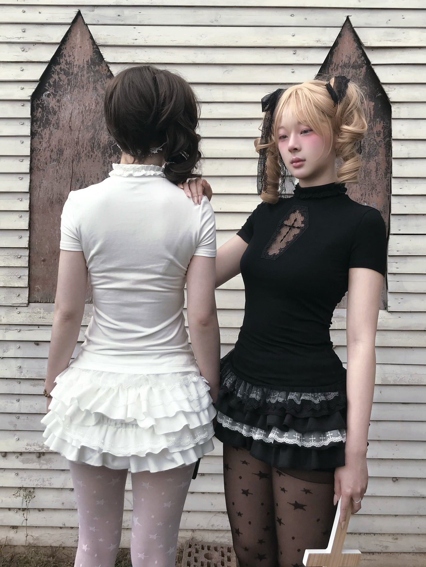 Gothic Hollow Cross Top / Ruffle Layered Skirt