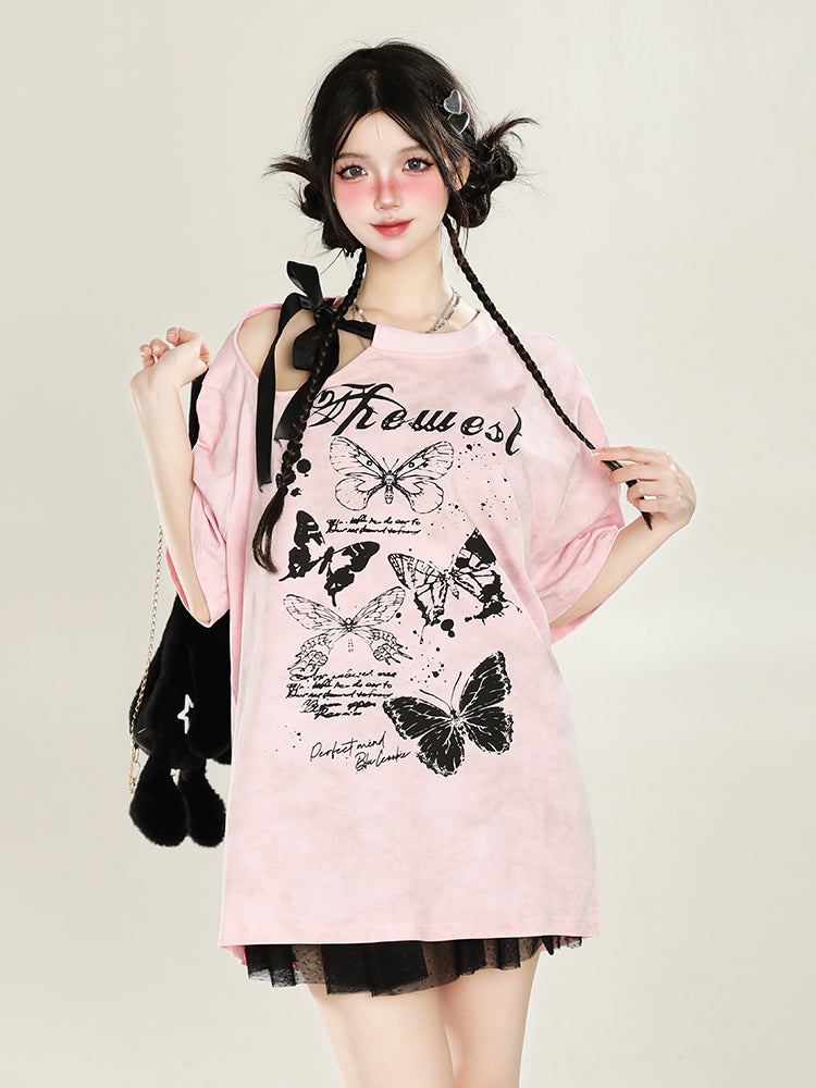 Y2K Off-Shoulder Butterfly Print Tee