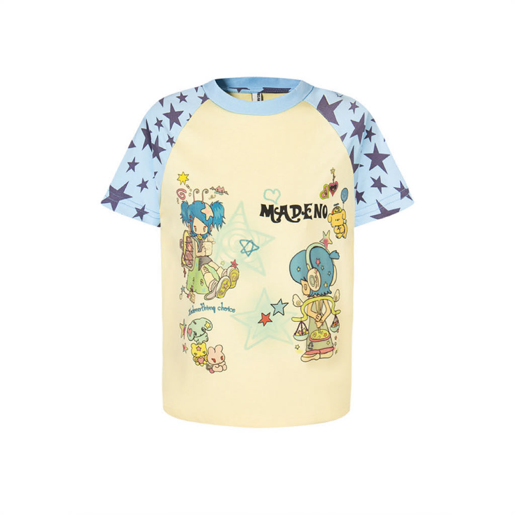 Y2K Cartoon Star Print Colorblock T-Shirt