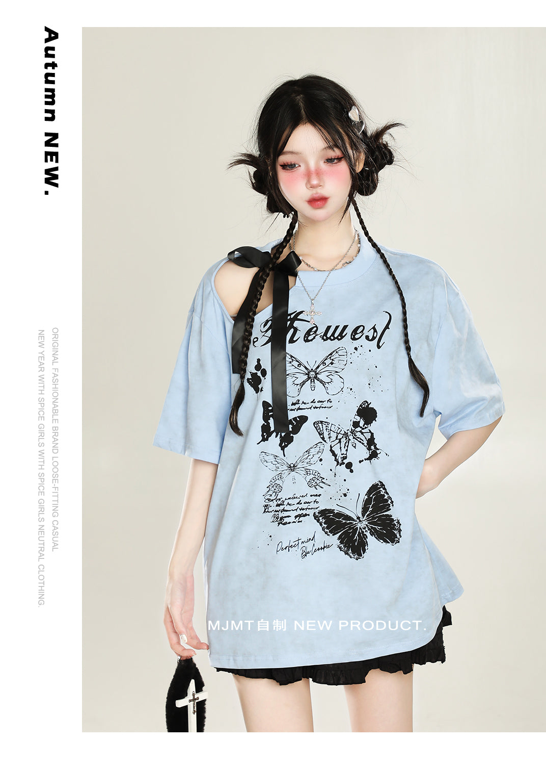 Y2K Off-Shoulder Butterfly Print Tee