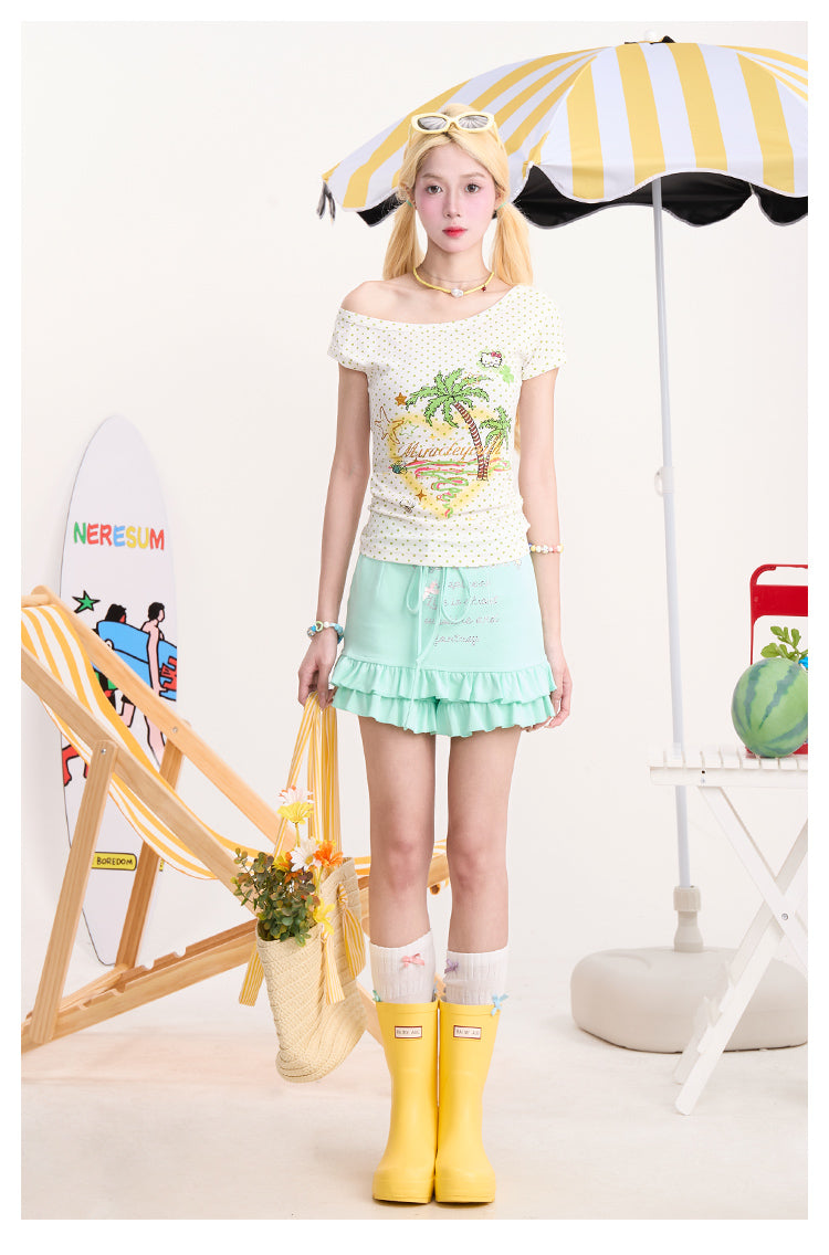 Y2K Rhinestone Ruffle Trim Lace-Up Skirt Shorts