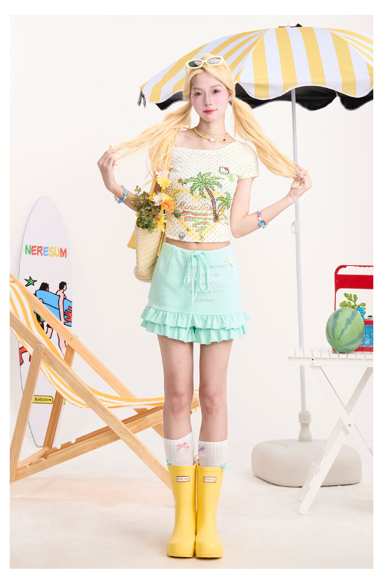 Y2K Rhinestone Ruffle Trim Lace-Up Skirt Shorts