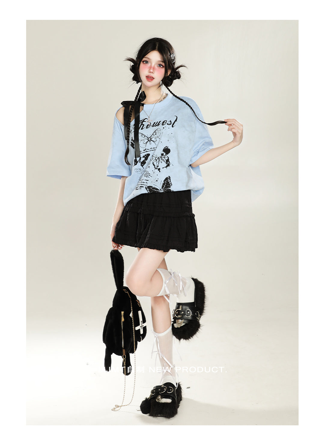 Y2K Off-Shoulder Butterfly Print Tee
