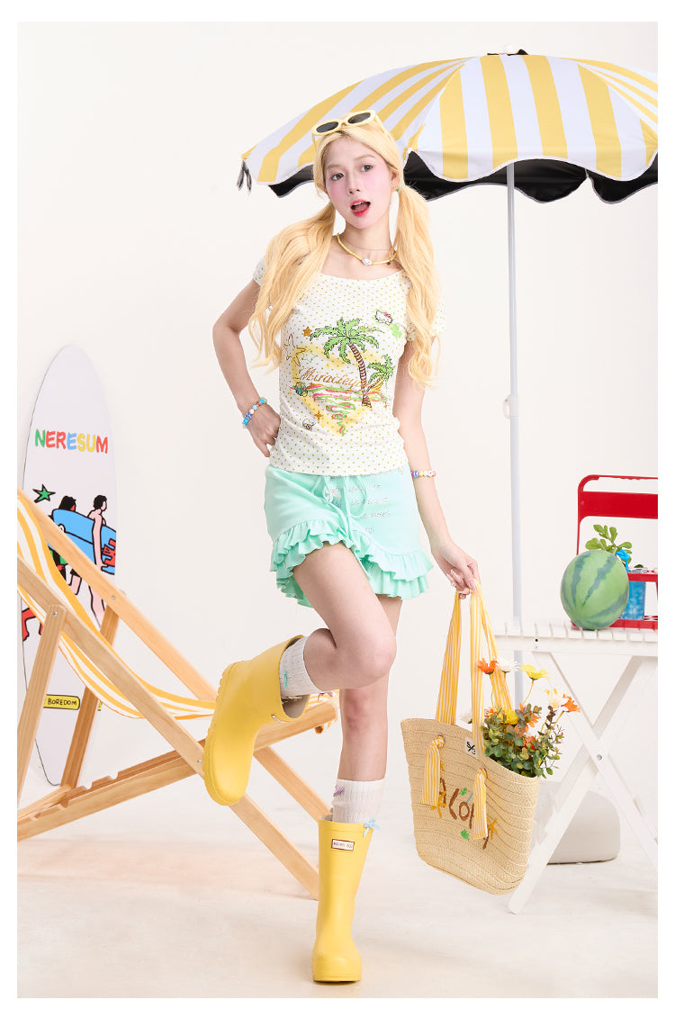 Y2K Rhinestone Ruffle Trim Lace-Up Skirt Shorts