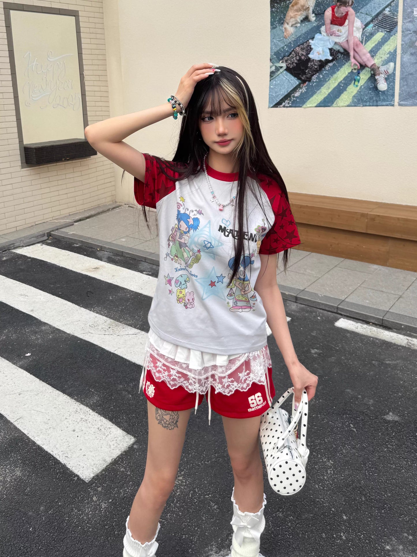 Y2K Cartoon Star Print Colorblock T-Shirt
