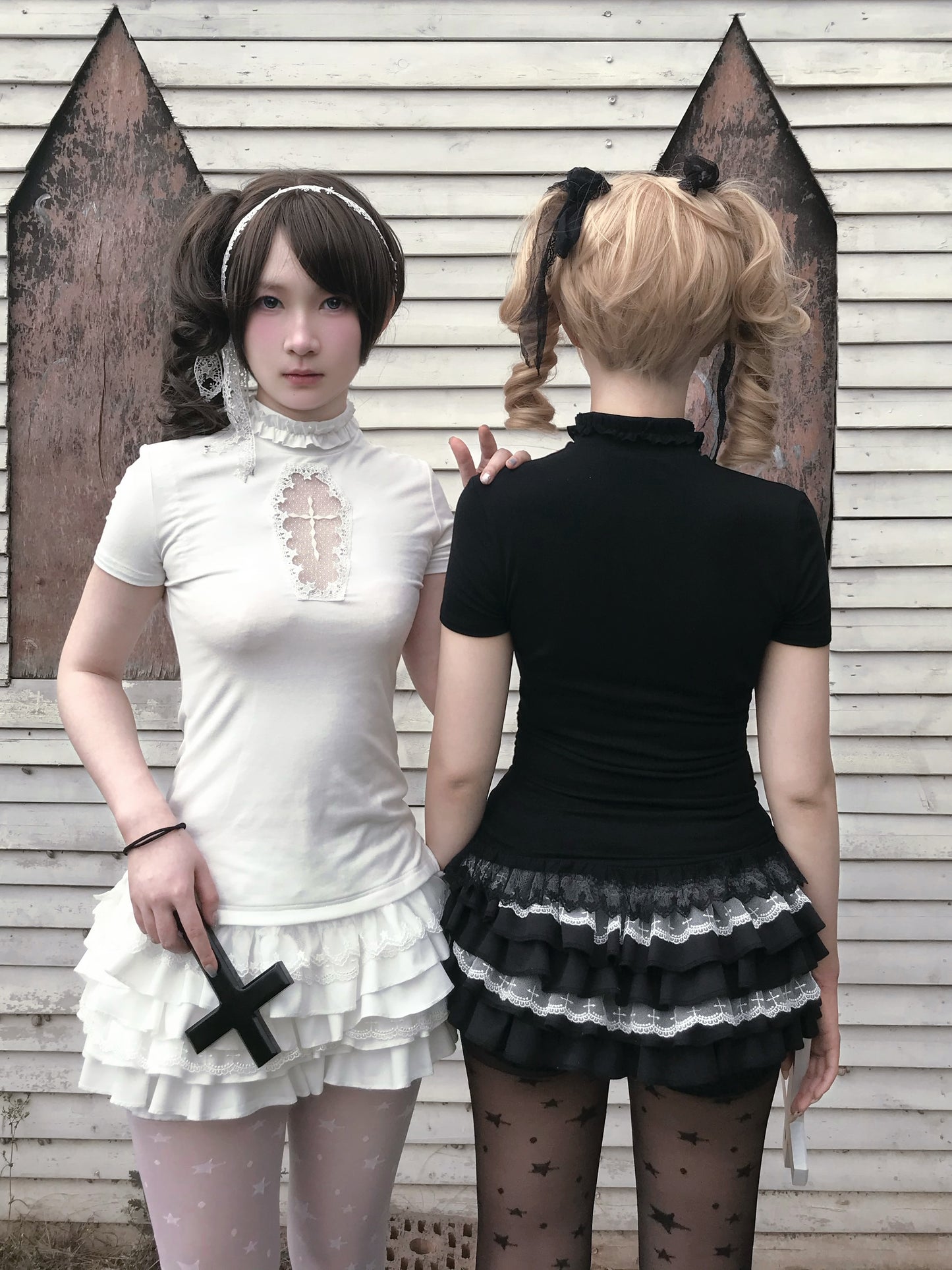 Gothic Hollow Cross Top / Ruffle Layered Skirt