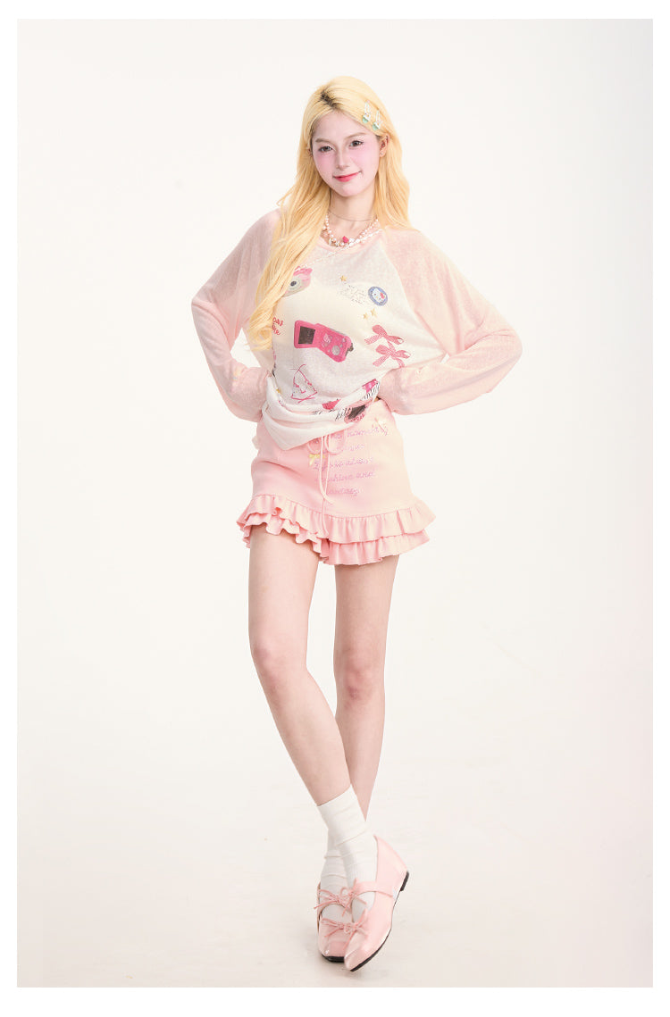 Y2K Rhinestone Ruffle Trim Lace-Up Skirt Shorts