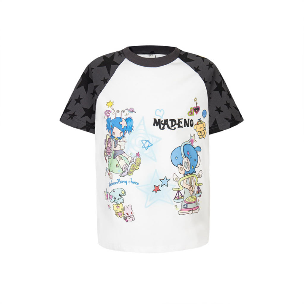 Y2K Cartoon Star Print Colorblock T-Shirt