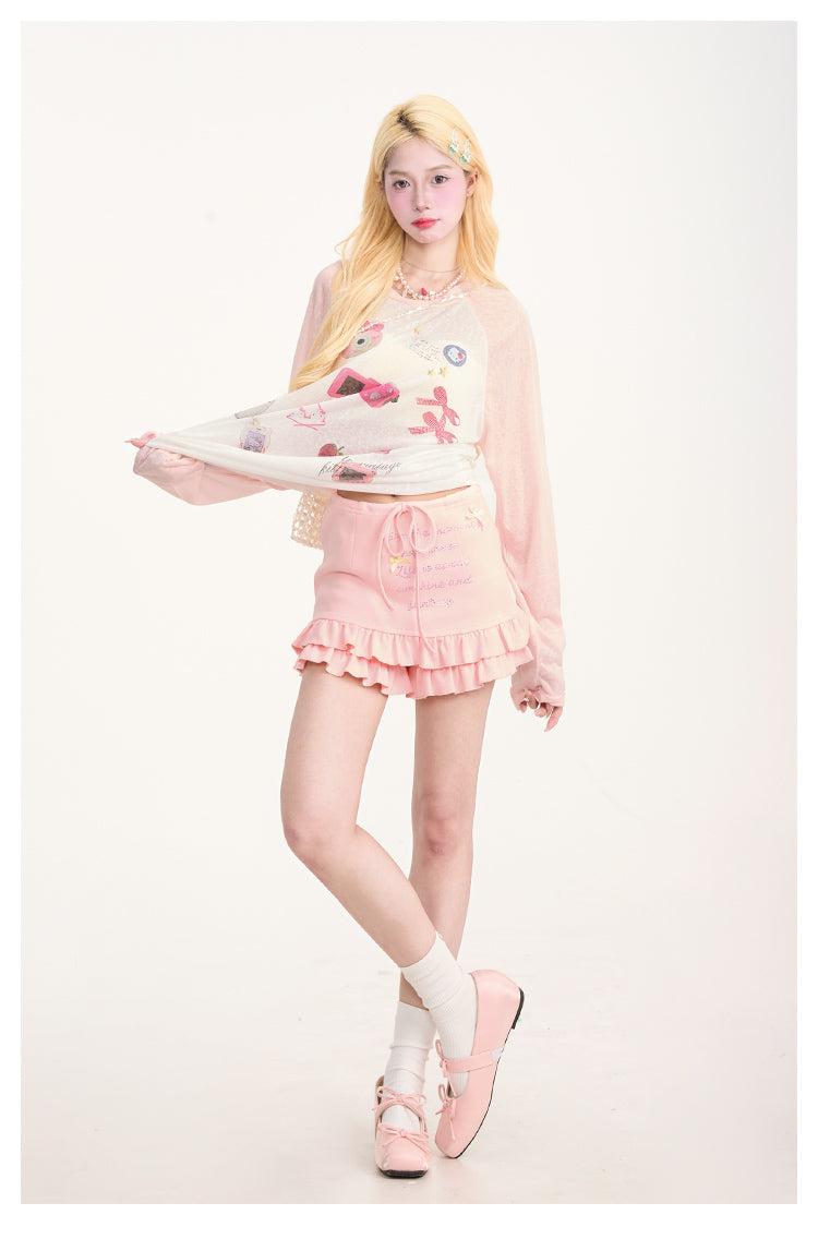 Y2K Rhinestone Ruffle Trim Lace-Up Skirt Shorts