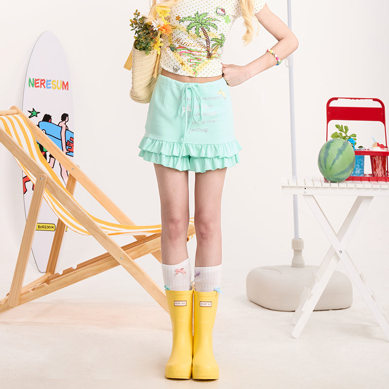 Y2K Rhinestone Ruffle Trim Lace-Up Skirt Shorts