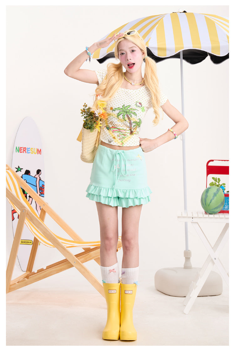 Y2K Rhinestone Ruffle Trim Lace-Up Skirt Shorts