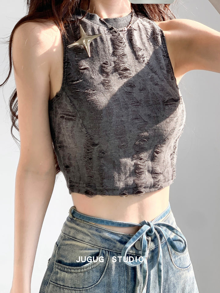 Star Distressed Crop Tank Top