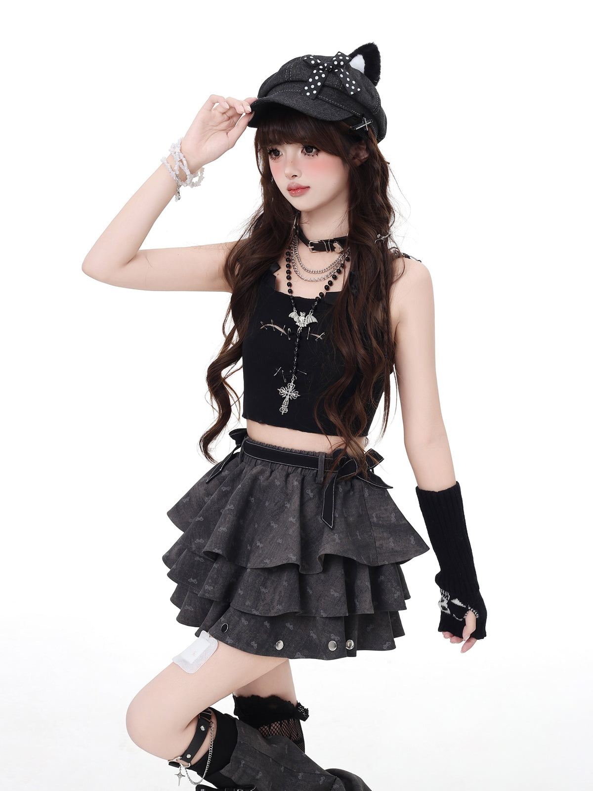 Grey Layered Ruffle Skirt with Bow Leg Warmers