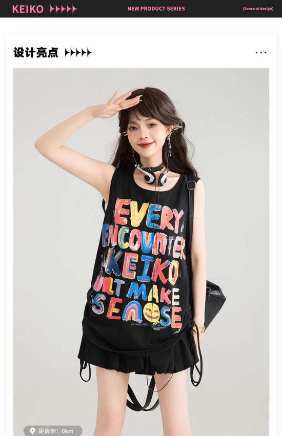 KEIKO graffiti letters loose camisole summer hot girl dopamine wear slim sleeveless outerwear top 