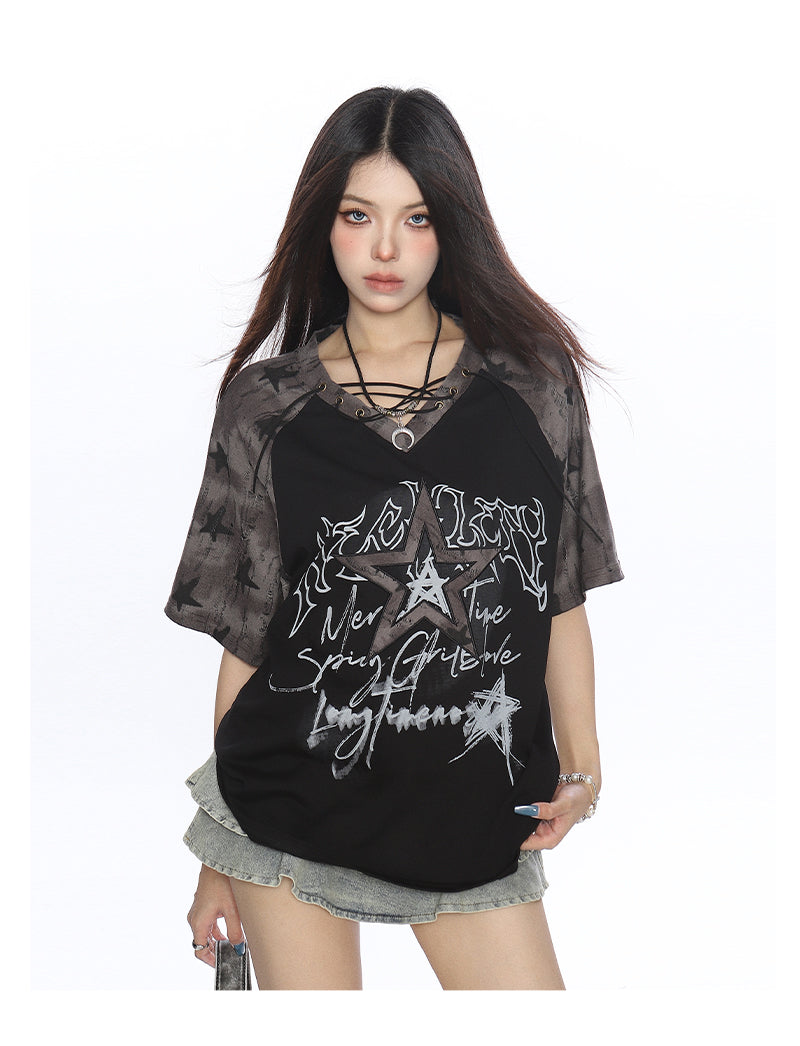 Y2K Star Graffiti Lace-Up Raglan Tee