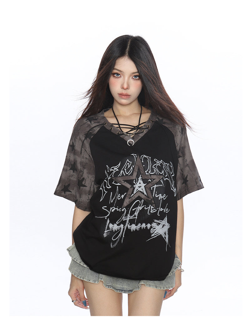 Y2K Star Graffiti Lace-Up Raglan Tee