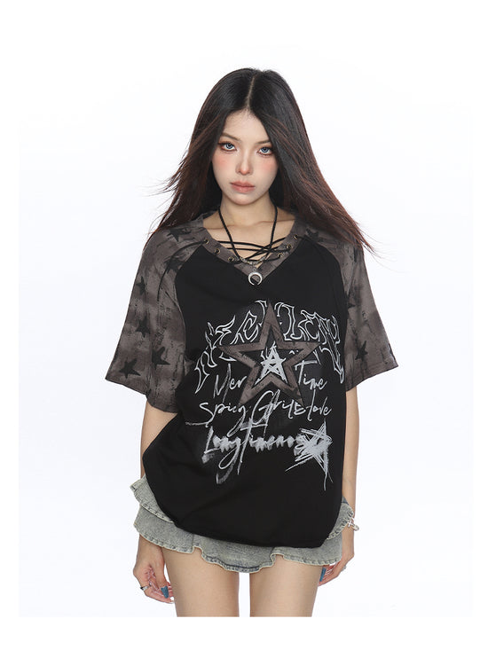 Y2K Star Graffiti Lace-Up Raglan Tee