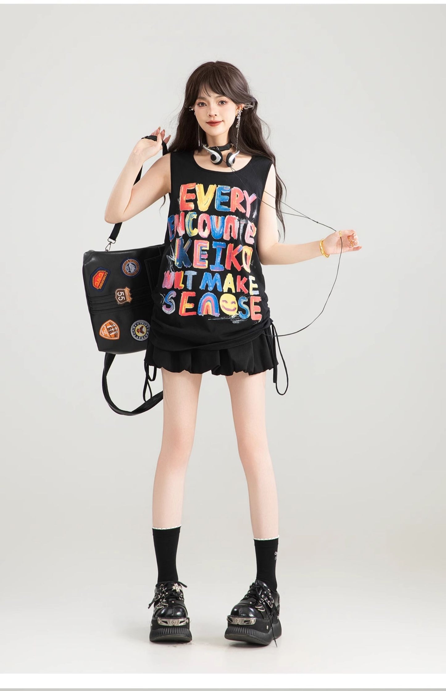 KEIKO graffiti letters loose camisole summer hot girl dopamine wear slim sleeveless outerwear top 