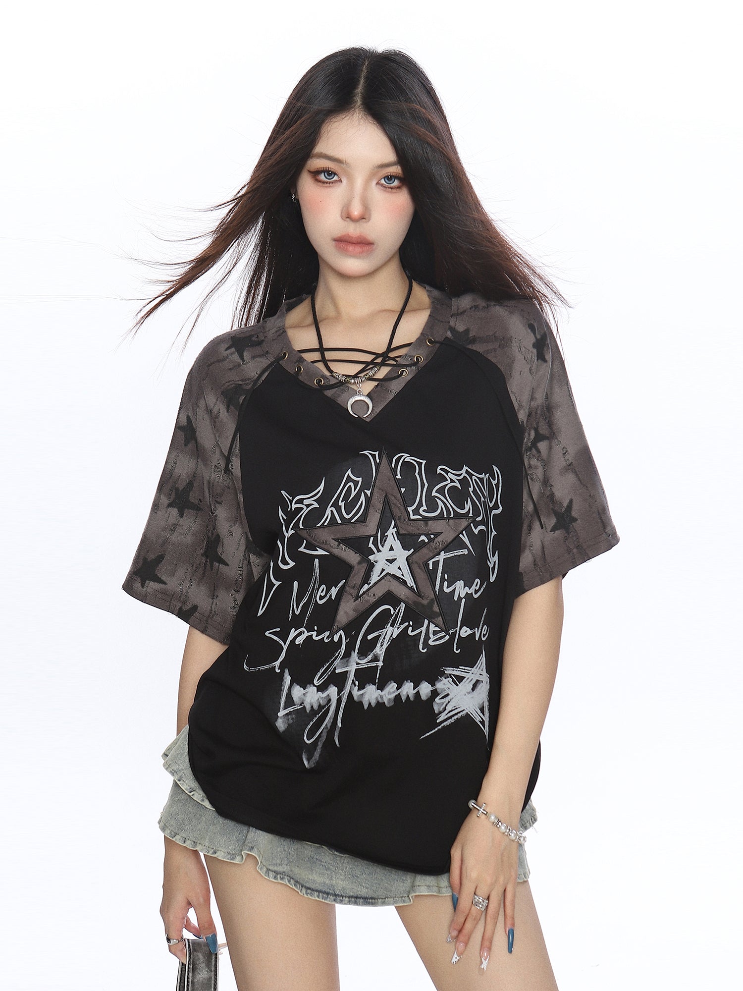 Y2K Star Graffiti Lace-Up Raglan Tee