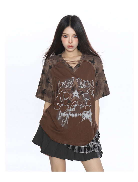 Y2K Star Graffiti Lace-Up Raglan Tee