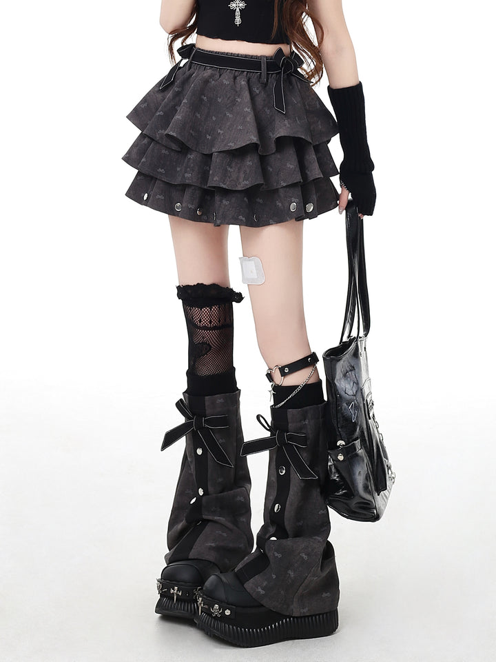 Grey Layered Ruffle Skirt with Bow Leg Warmers