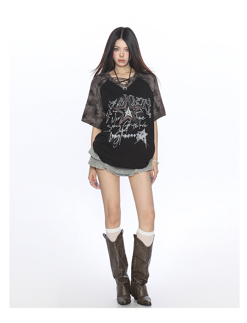 Y2K Star Graffiti Lace-Up Raglan Tee