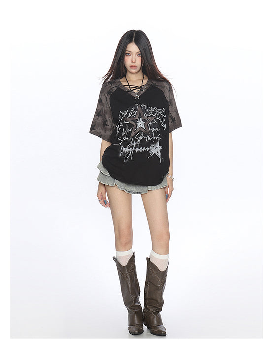 Y2K Star Graffiti Lace-Up Raglan Tee