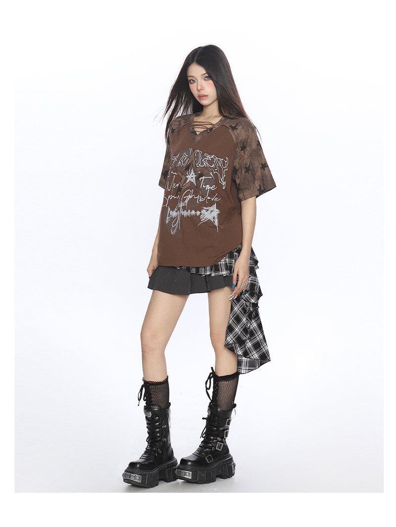 Y2K Star Graffiti Lace-Up Raglan Tee