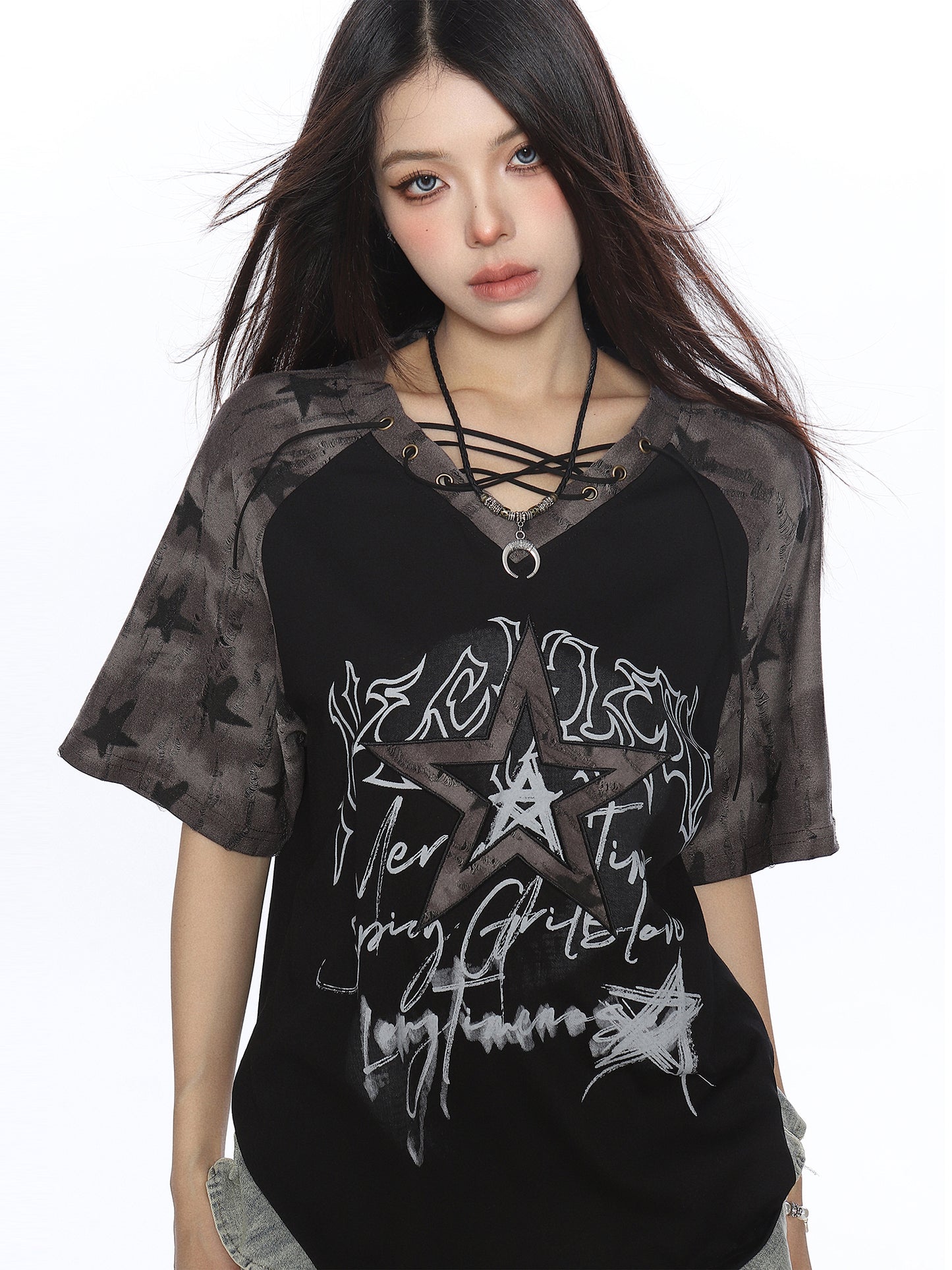 Y2K Star Graffiti Lace-Up Raglan Tee