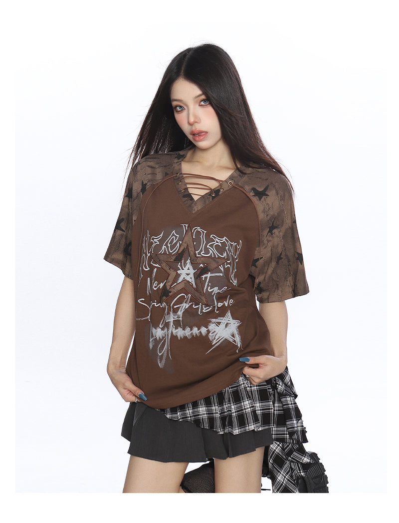 Y2K Star Graffiti Lace-Up Raglan Tee