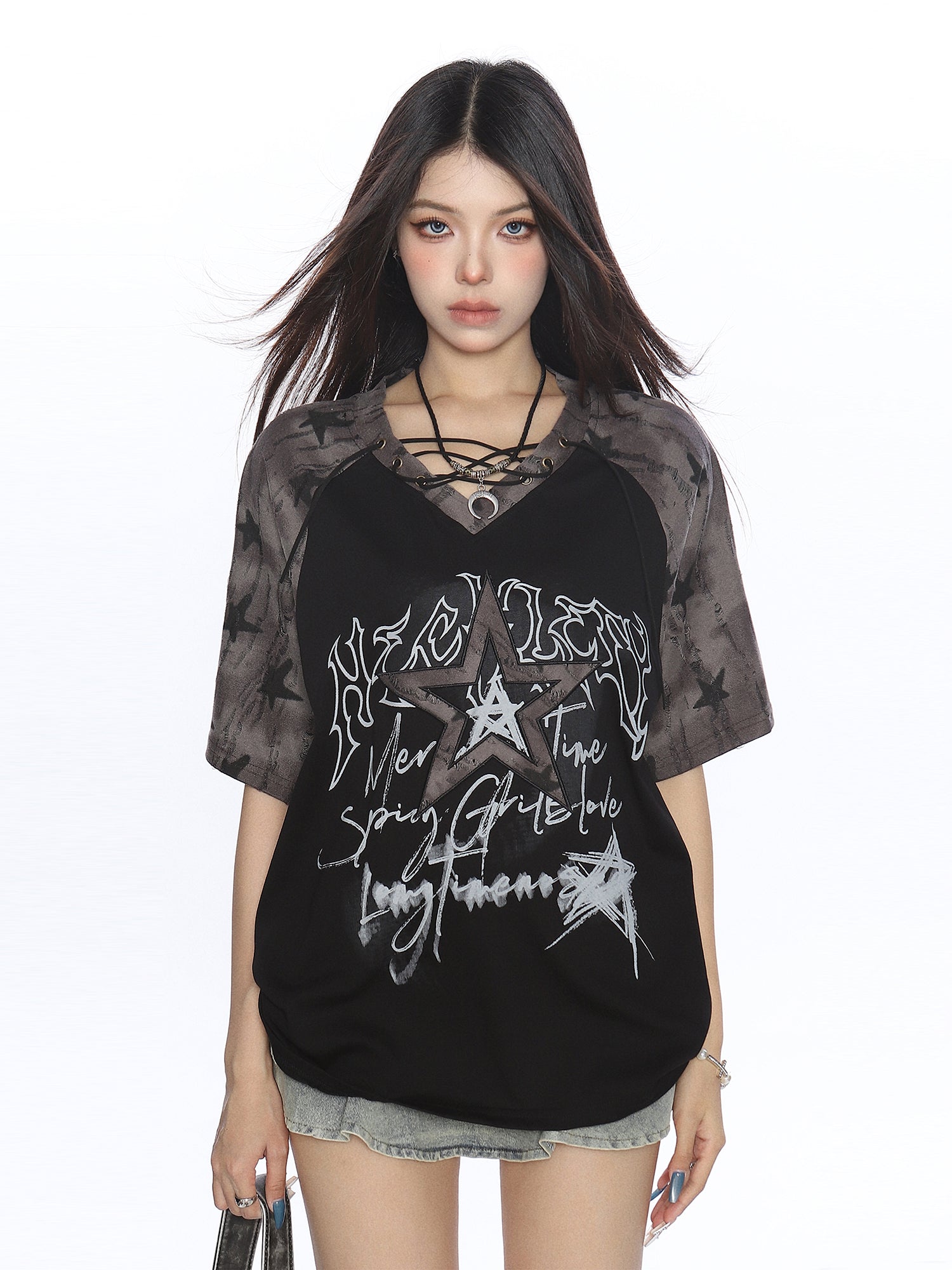 Y2K Star Graffiti Lace-Up Raglan Tee