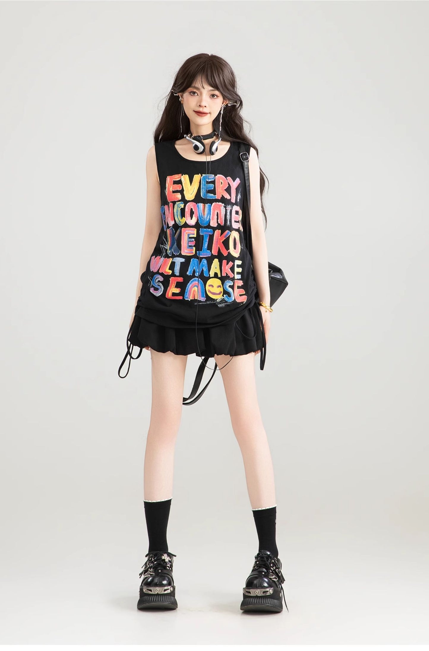 KEIKO graffiti letters loose camisole summer hot girl dopamine wear slim sleeveless outerwear top 
