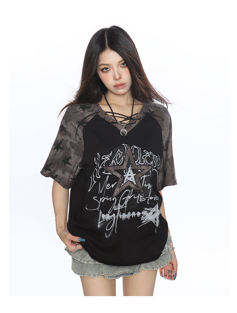 Y2K Star Graffiti Lace-Up Raglan Tee