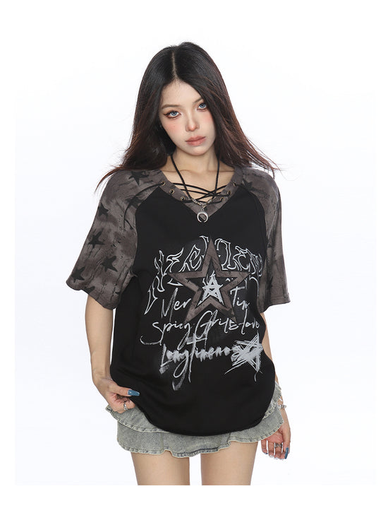 Y2K Star Graffiti Lace-Up Raglan Tee