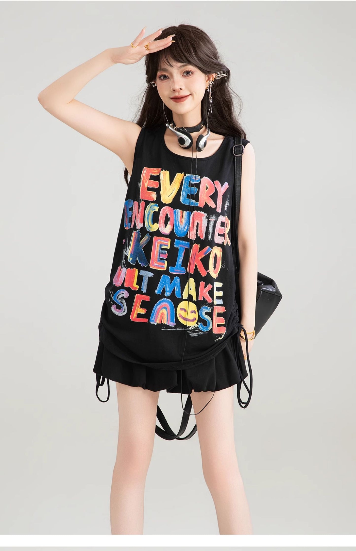 KEIKO graffiti letters loose camisole summer hot girl dopamine wear slim sleeveless outerwear top 