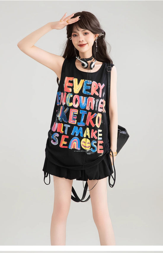 KEIKO graffiti letters loose camisole summer hot girl dopamine wear slim sleeveless outerwear top 