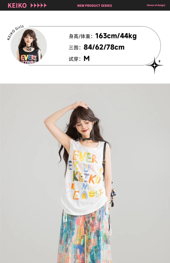 KEIKO graffiti letters loose camisole summer hot girl dopamine wear slim sleeveless outerwear top 